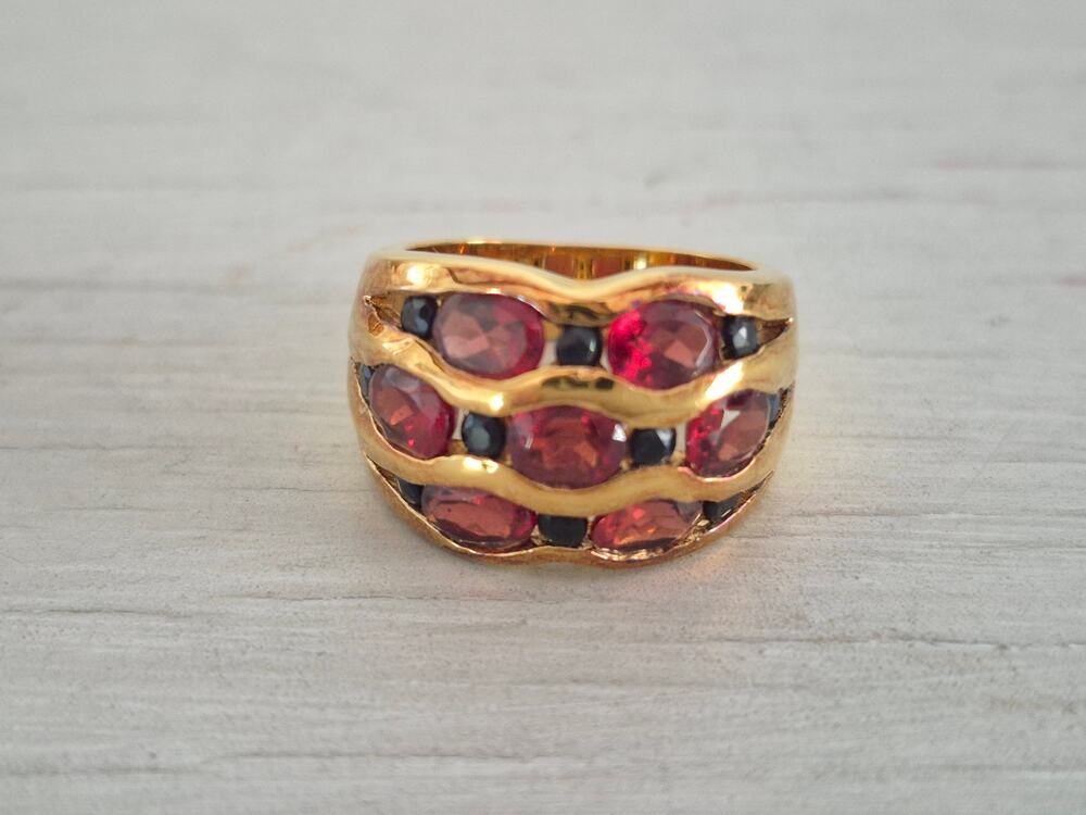 Vintage Gold-tone Red and Blue Stone Dome Ring